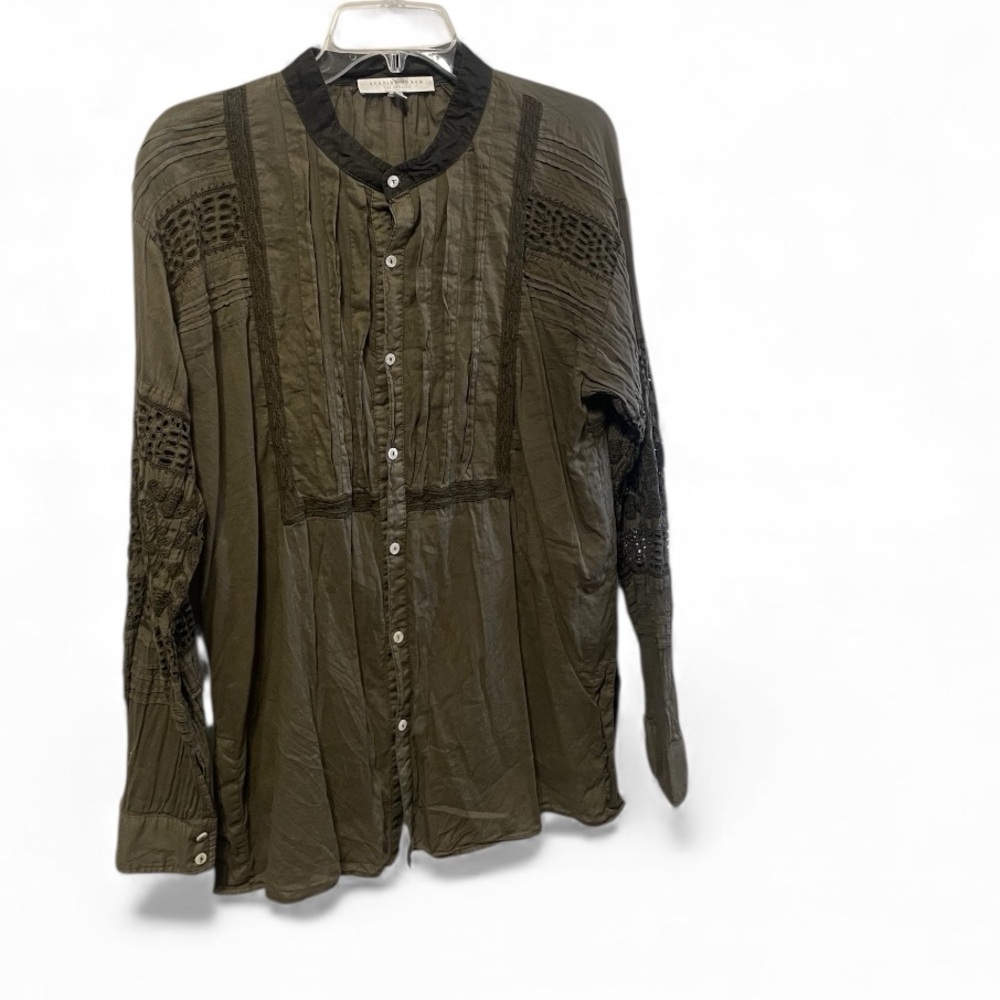 Burning Torch embroidered long sleeve button front blouse top size L